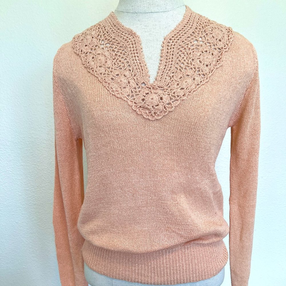 NET 70's "Organically Grown" Pastel Peach Pullover Crochet Vneck Sweater - Large